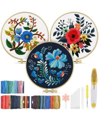 3 Sets Embroidery Kit Adults Floral Beginners Hoops Threads