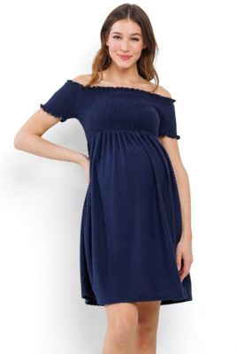 Maternity Off-the-Shoulder Smocked Swiss Dot Dress with Pockets
