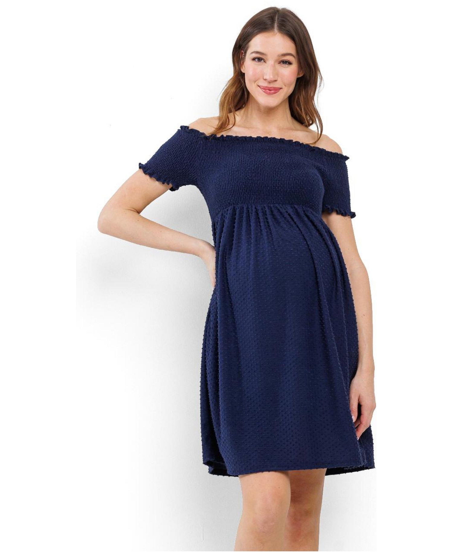 Women's Off-the-Shoulder Smocked Swiss Dot Dress with Pockets