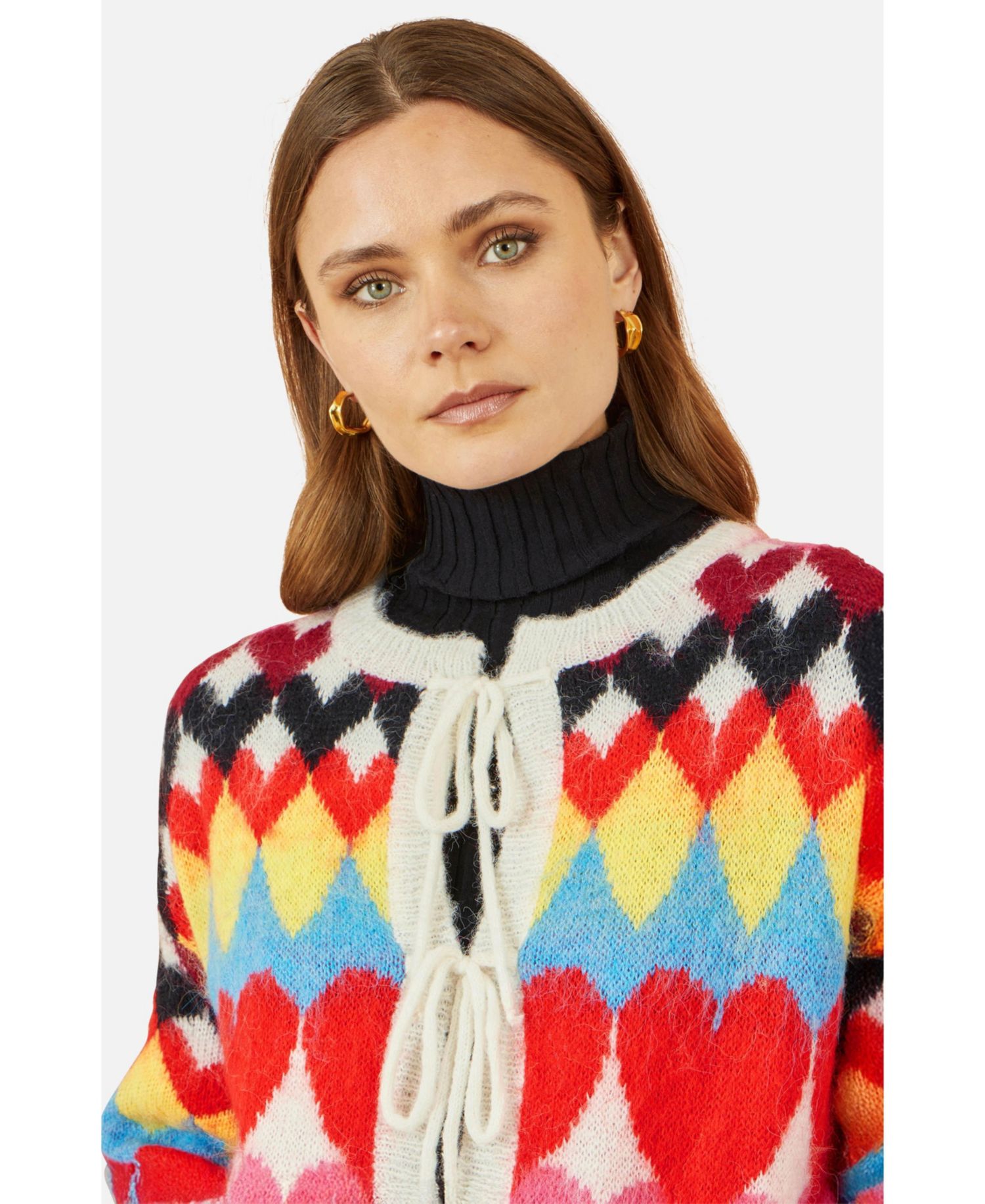 Women's Tie Front Heart Intarsia Cardigan