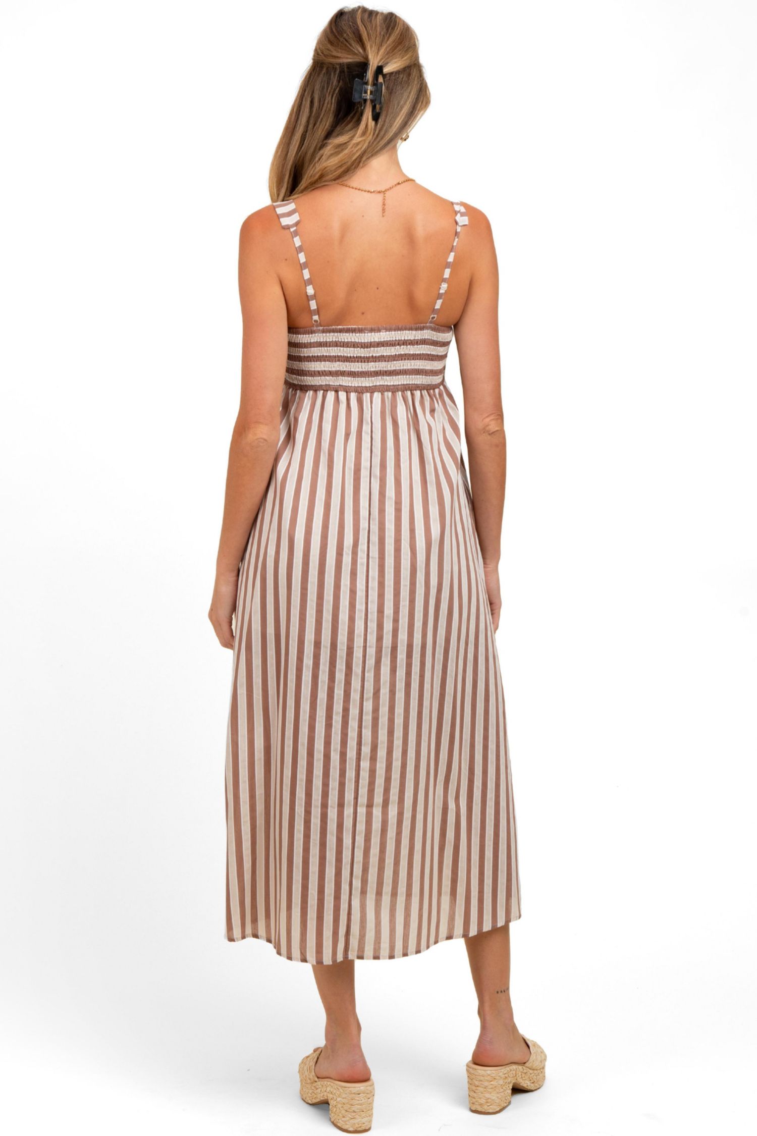Women's Mocha Striped Sleeveless Midi Dress