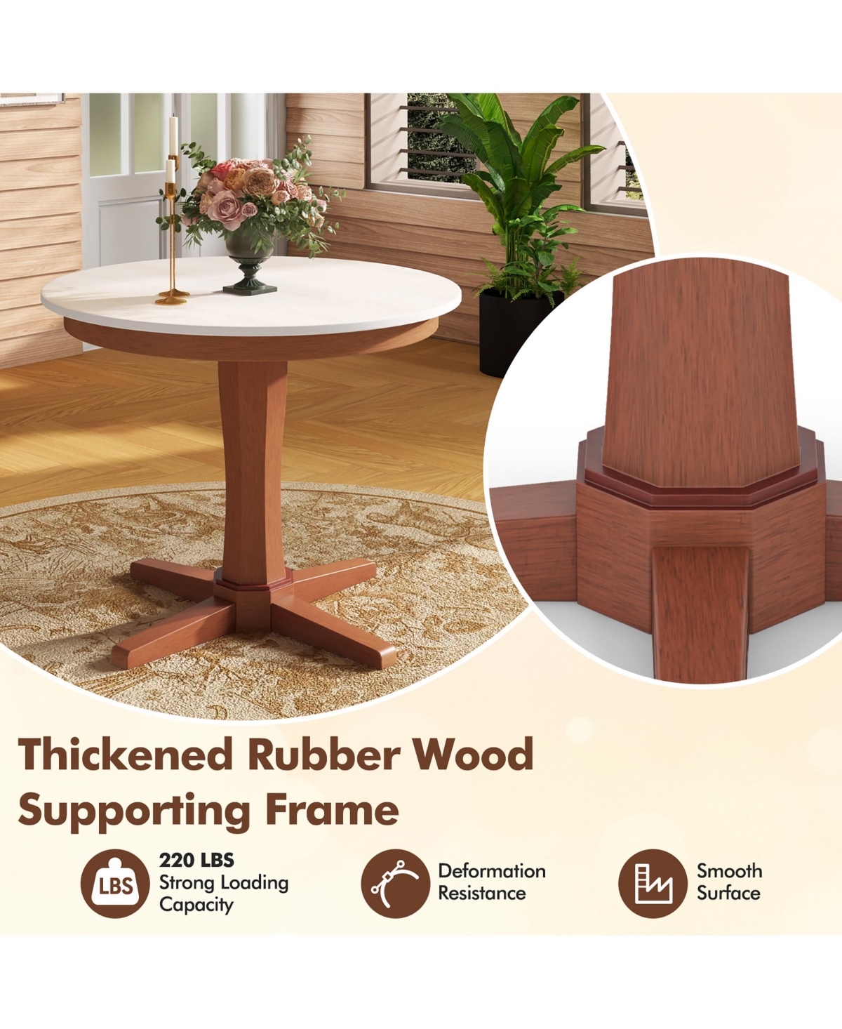 Gymax 36'' Round Dining Table for 4 People w/ Pedestal Base Solid Rubber Wood Frame