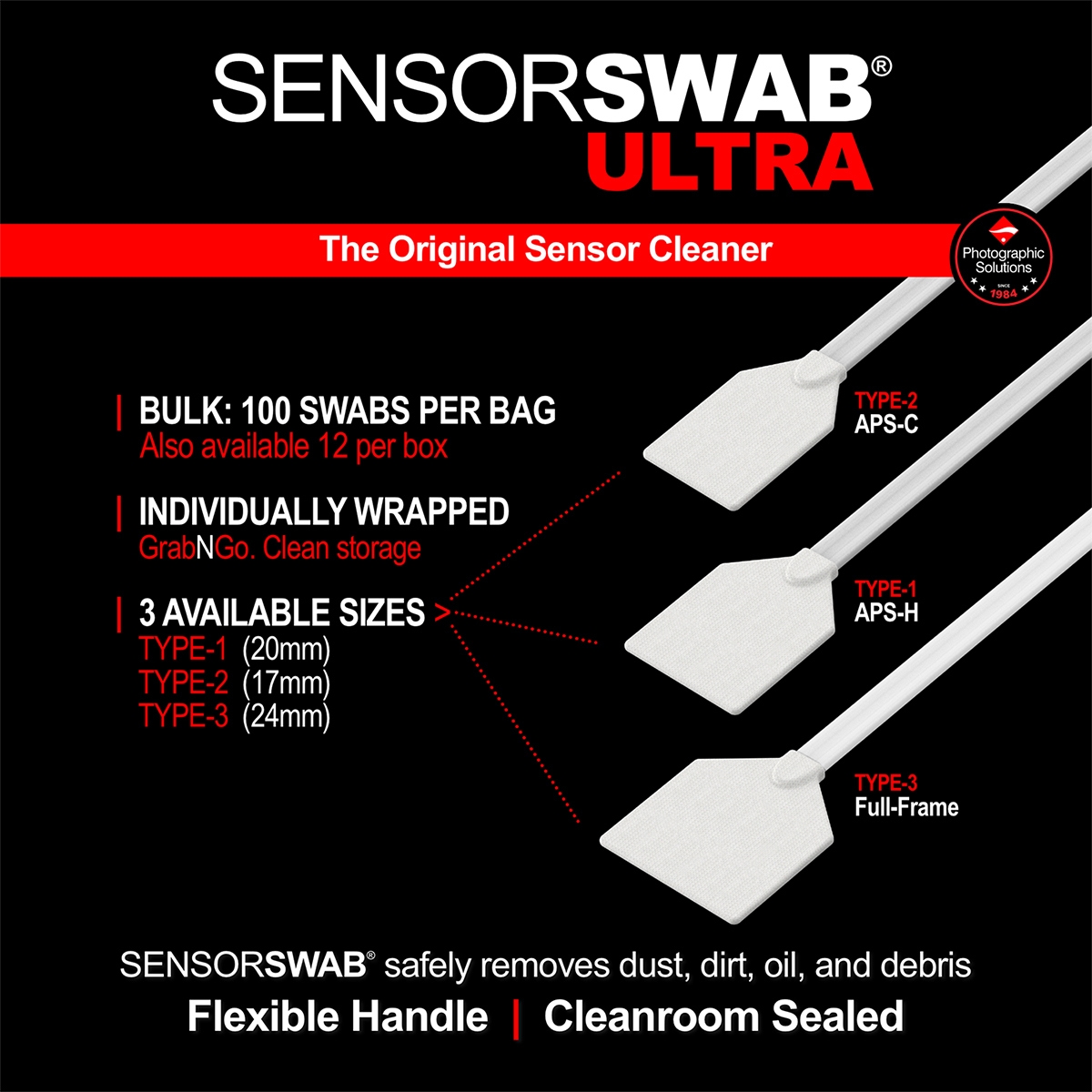 Photographic Solutions Swab Ultra Cleaning Tool for Dx/Aps-c Sensor, 100-Pk