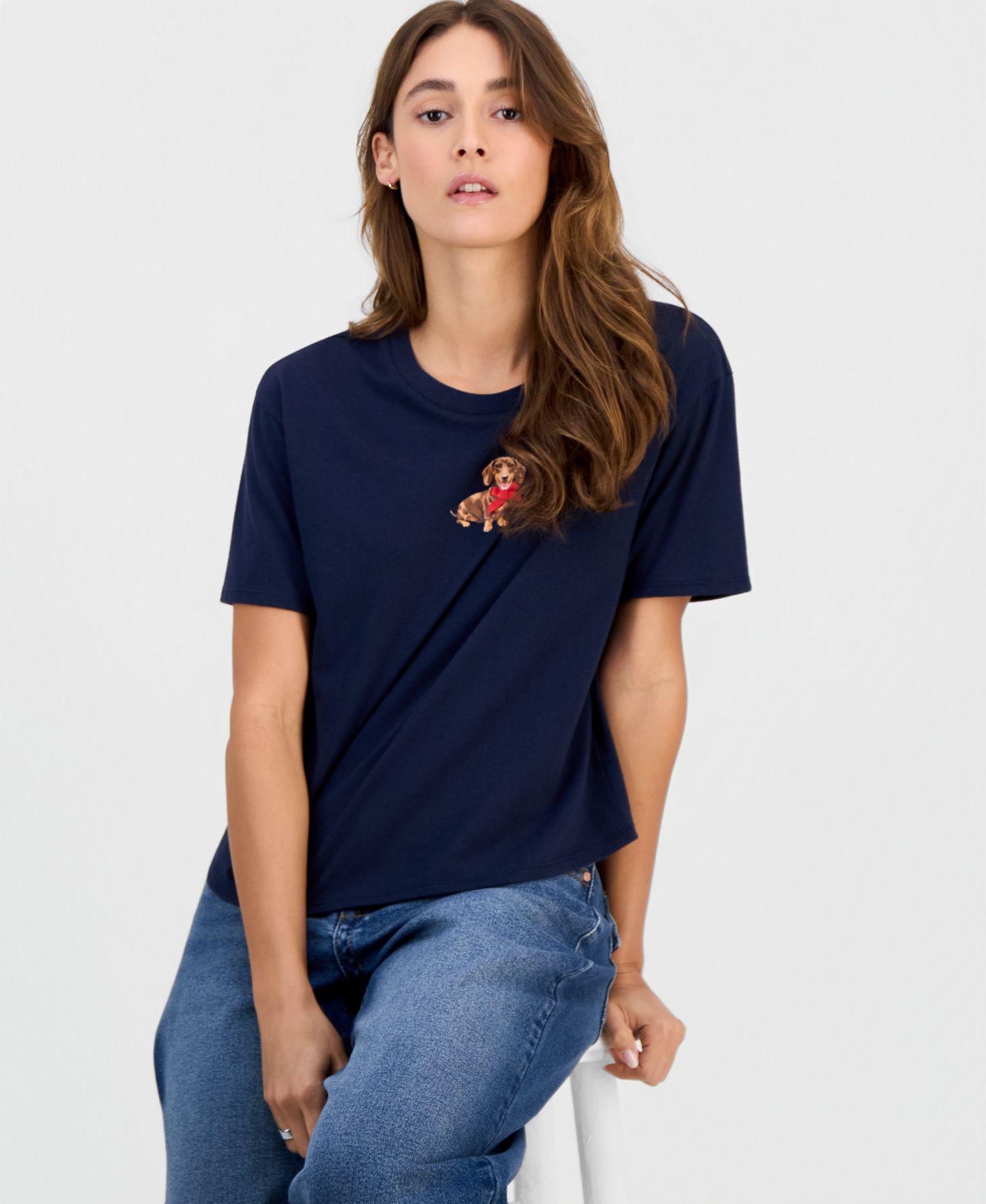 Juniors' Dachshund Bow Graphic Crop Tee
