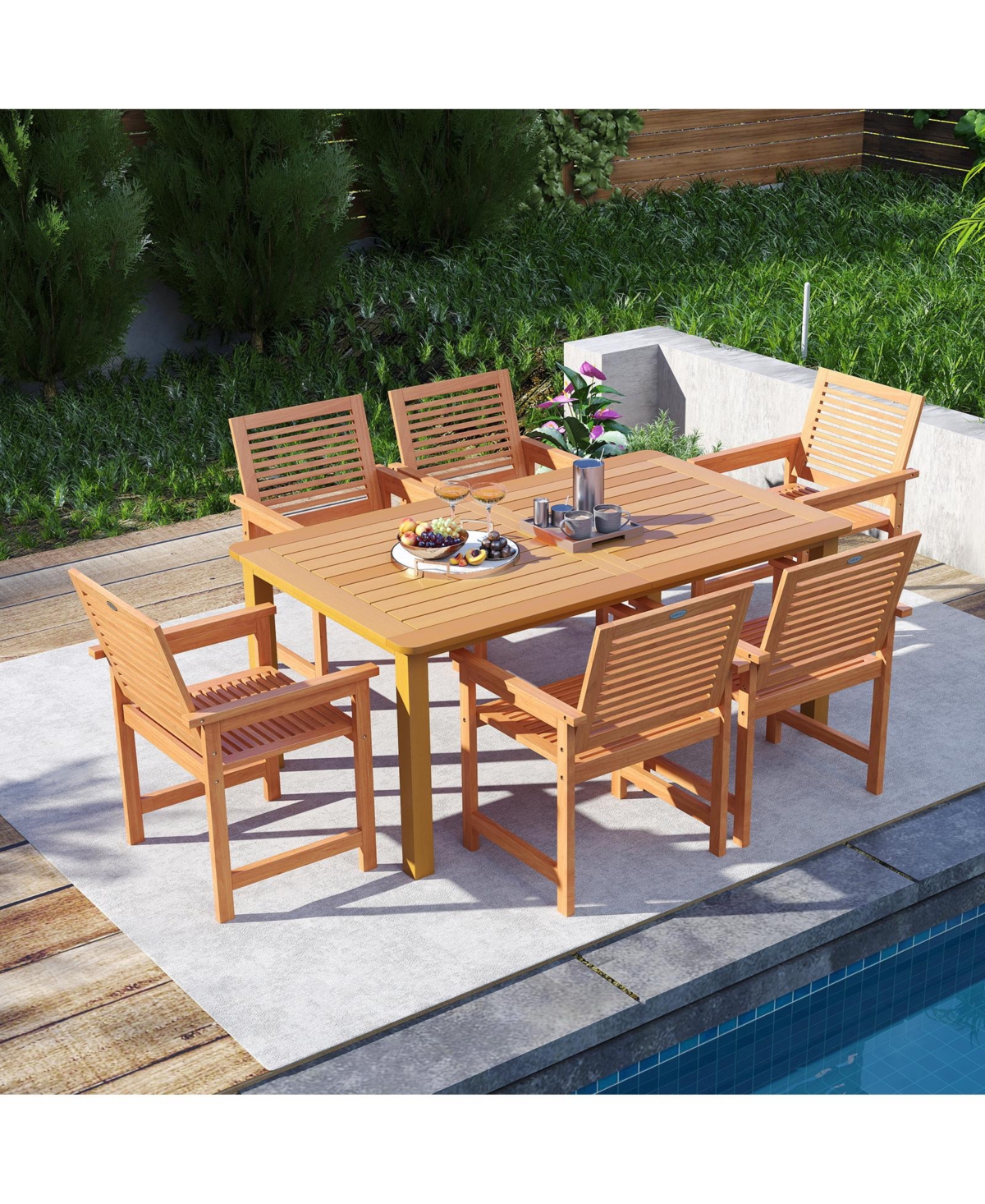 Gymax 7-Piece Patio Wood Dining Table Set Outdoor Rectangular Table and 6 Armchairs