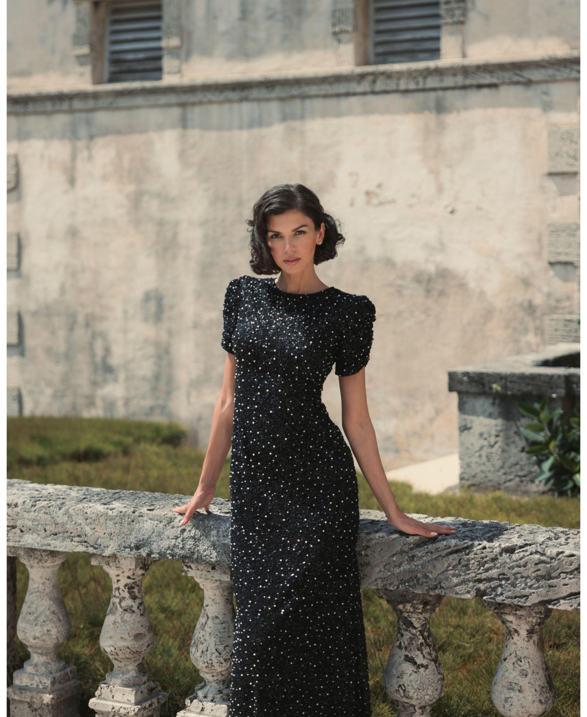 Mac Duggal Petite Embellished Mesh High Neck Puff Sleeve Gown