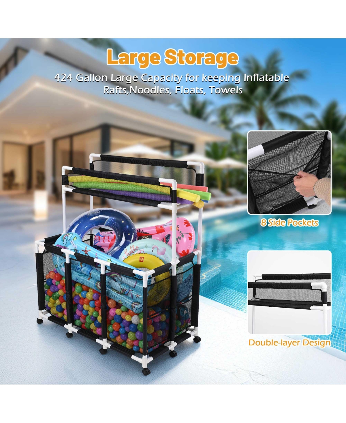 Yescom 424 Gal Pool Float Storage Bin 2 Tiers with Towel Rack Holder Set Rolling Toys Raft Cart