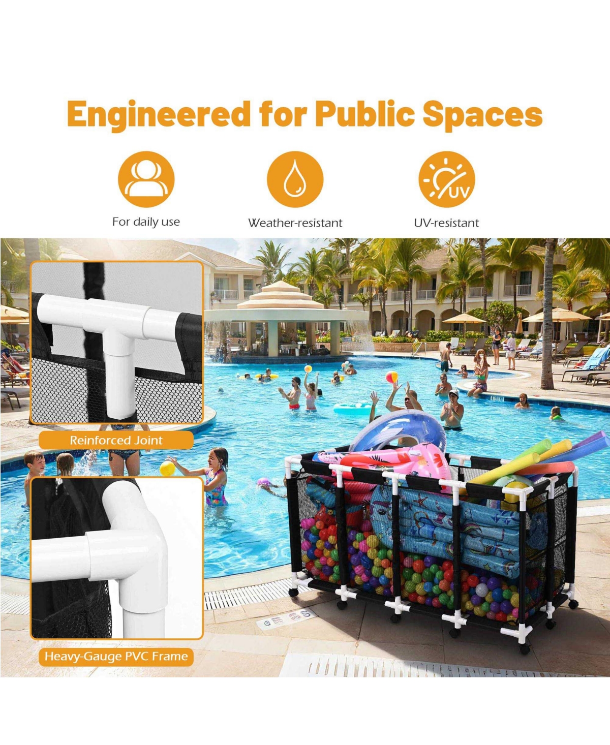 Yescom 274 Gallon Pool Float Storage Bin with Towel Rack Holder Set Rolling Cart Organizer