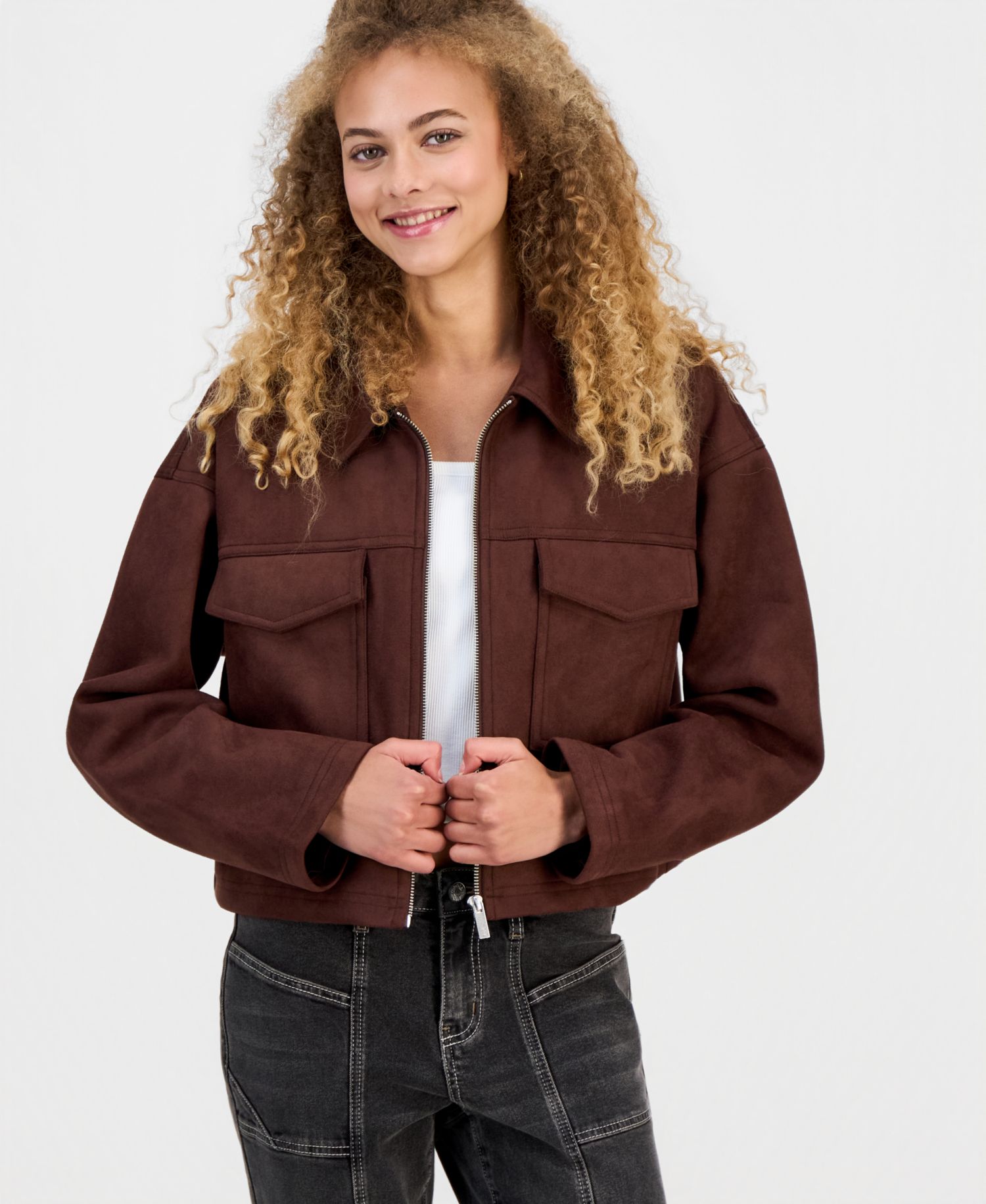 Juniors' Faux-Suede Cropped Jacket