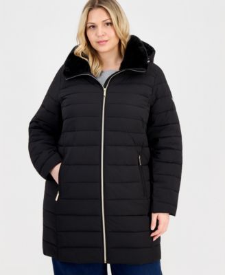 Michael Kors Plus Size Faux-Fur-Collar Hooded Packable Puffer Coat, Created for Macy's