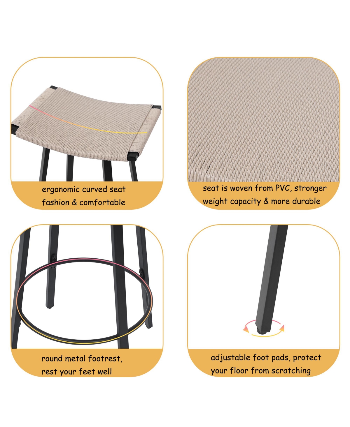 flynama Counter Height Backless Bar Stools Set of 2, Handwoven Pvc with Round Footrest