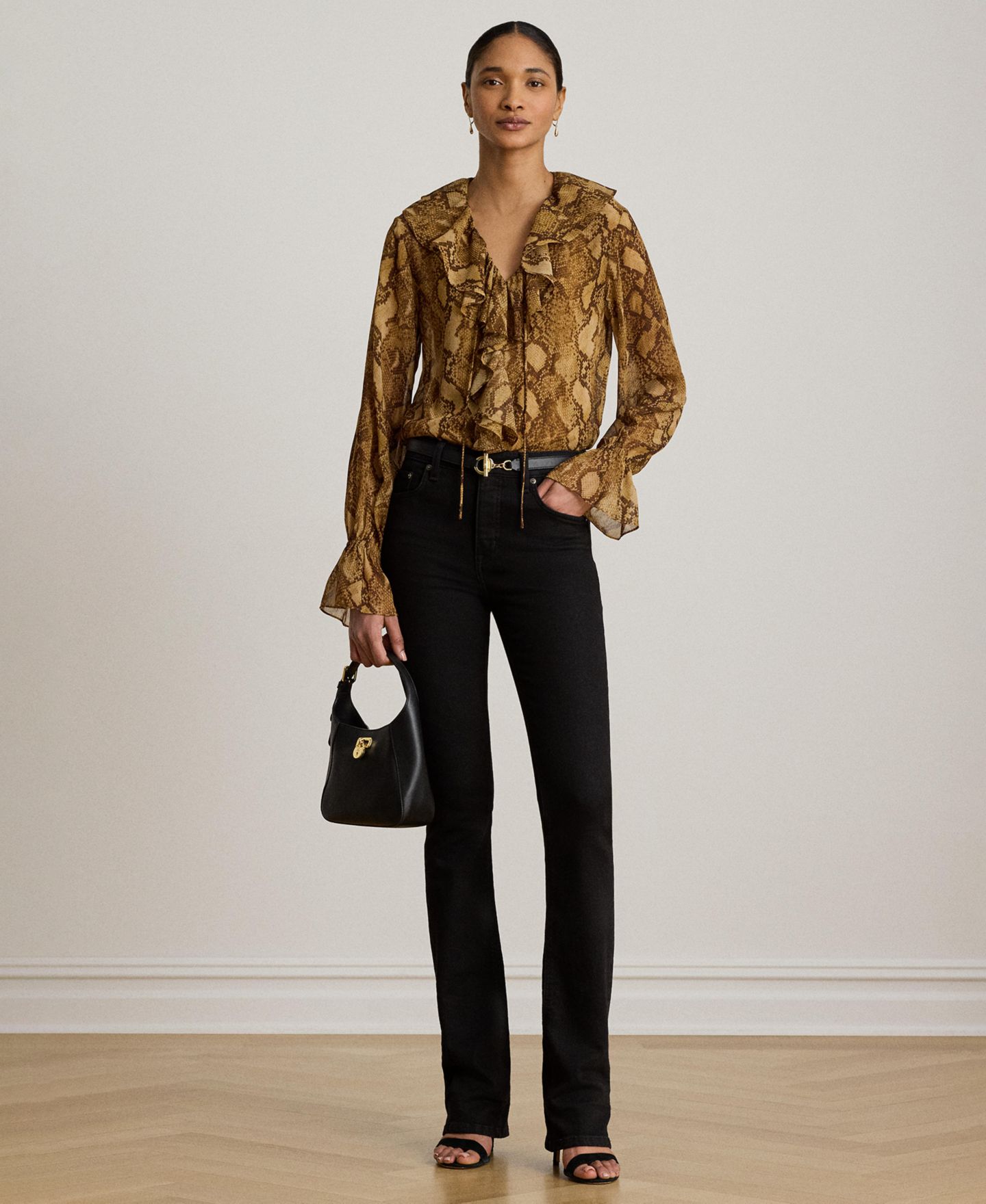Женская блузка Lauren Ralph Lauren Ruffle-Trim V-Neck Blouse, цвет: Рыжевато-коричневый разноцветный — фото 5