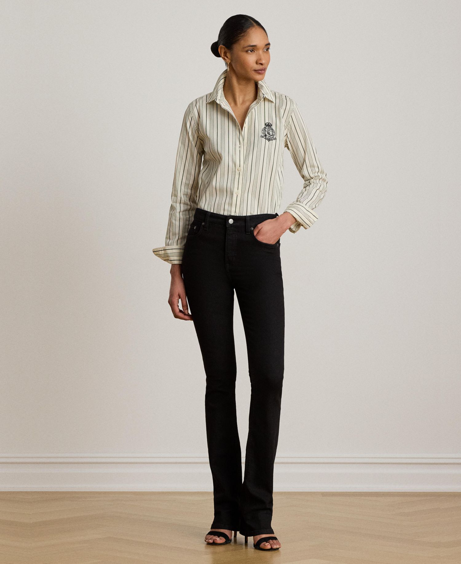 Petite Striped Collared Crest-Embroidered Shirt