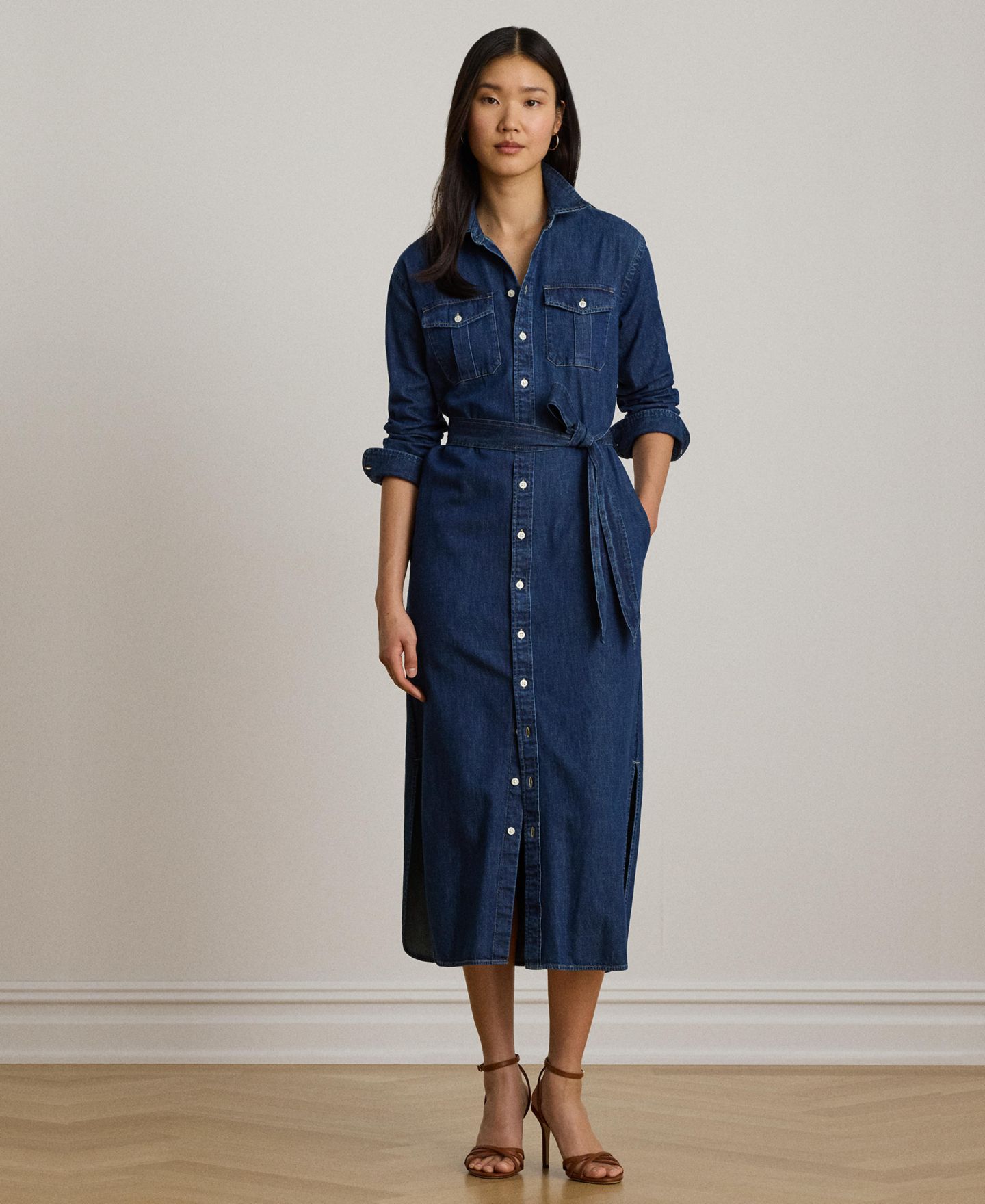 Женское платье Lauren Ralph Lauren Collared Belted Denim Midi Shirt-Dress, цвет: Варёный — фото 2
