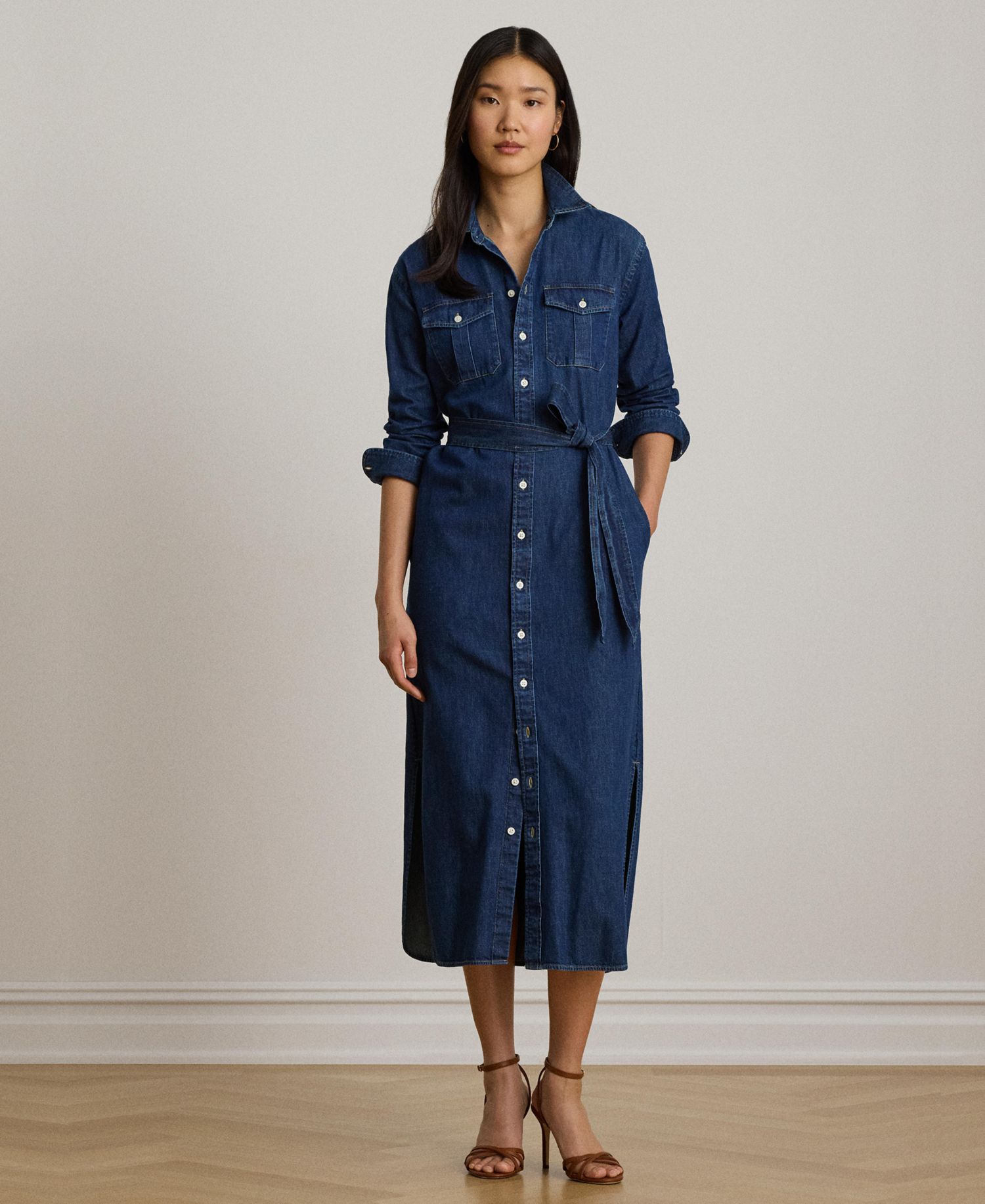 Women's Collared Belted Denim Midi Shirt-Dress