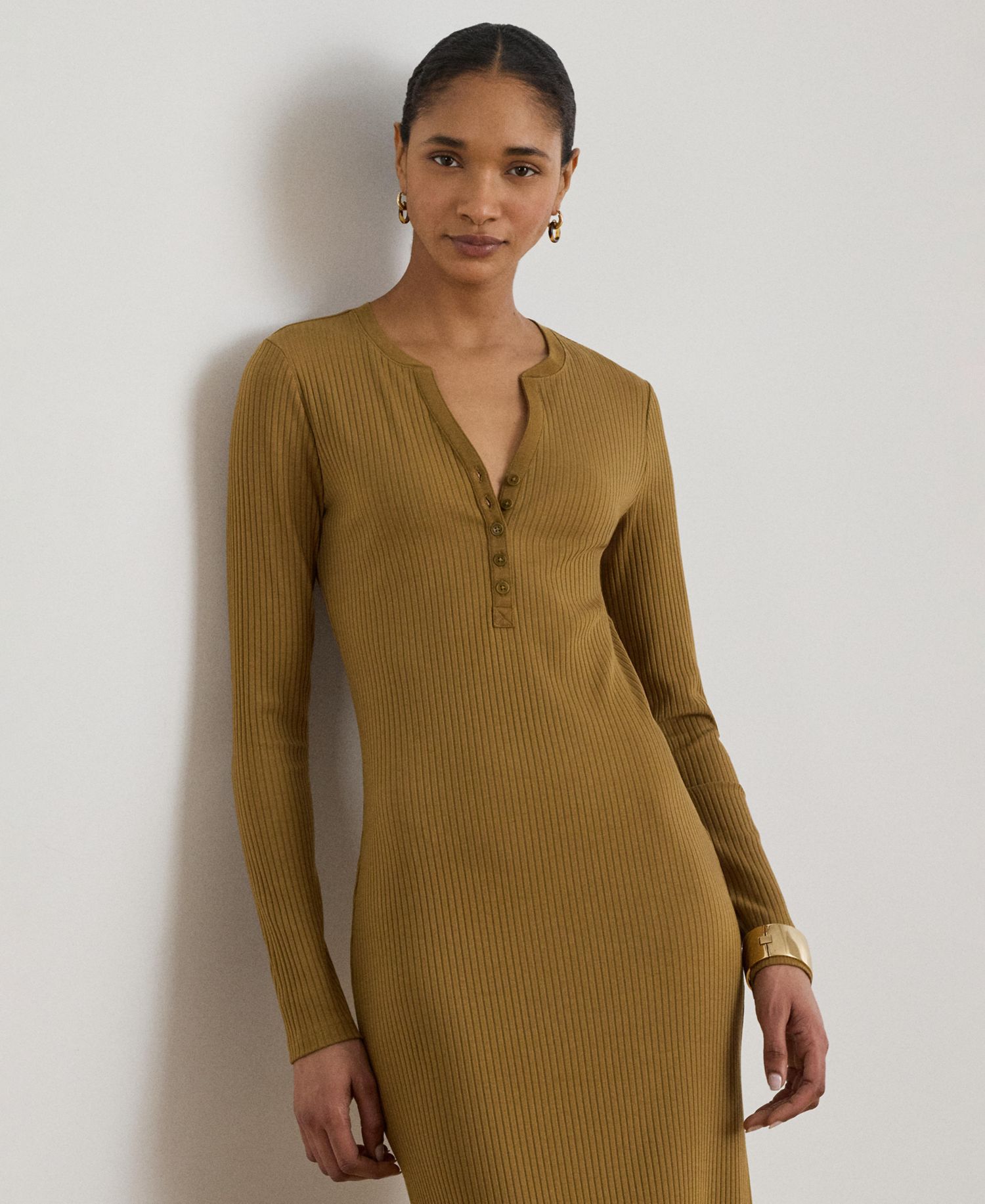 Women's Slim-Fit Henley Neck Midi Dress