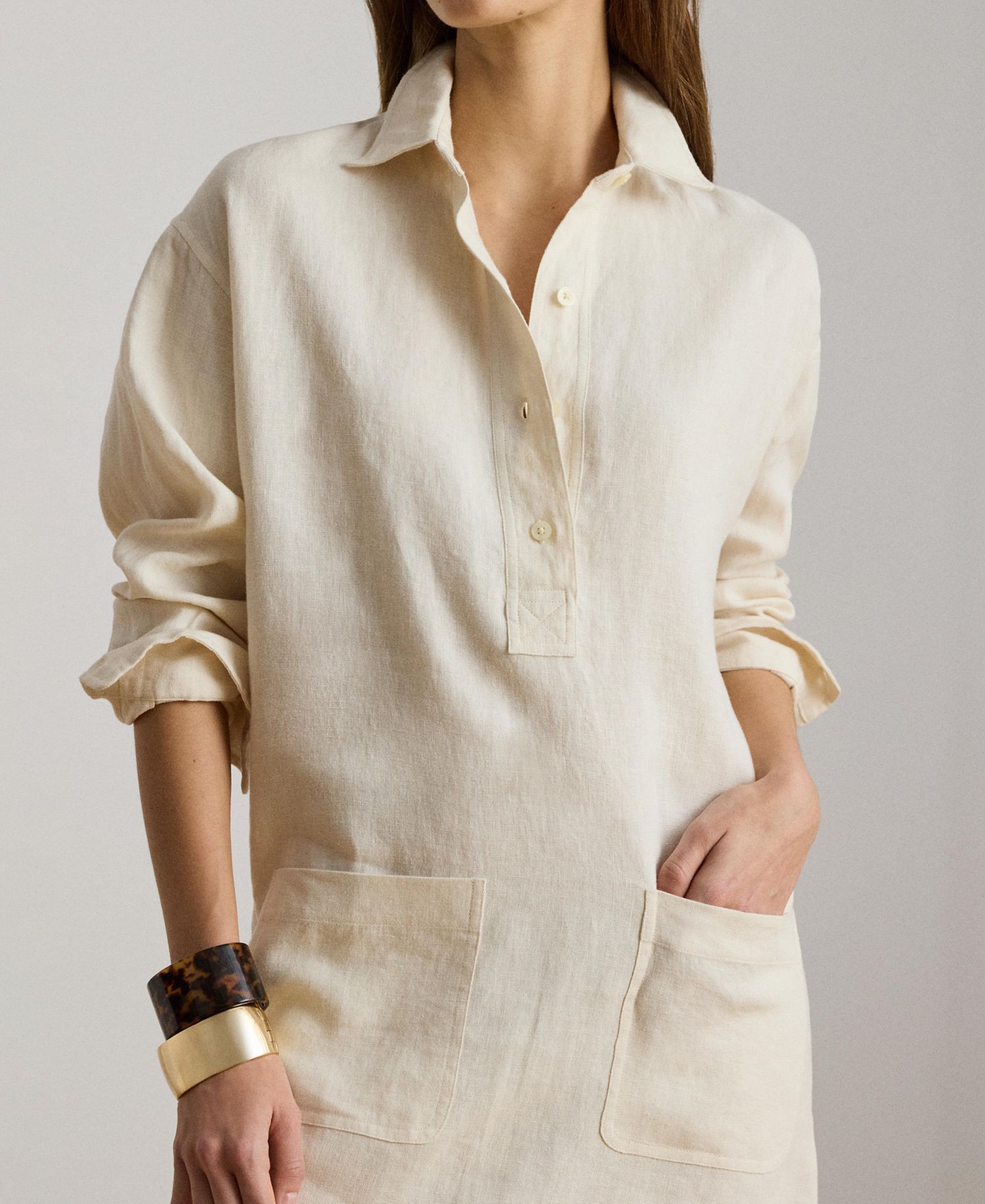 Women's Linen Spread Collar Long-Sleeve Shirt-Dress