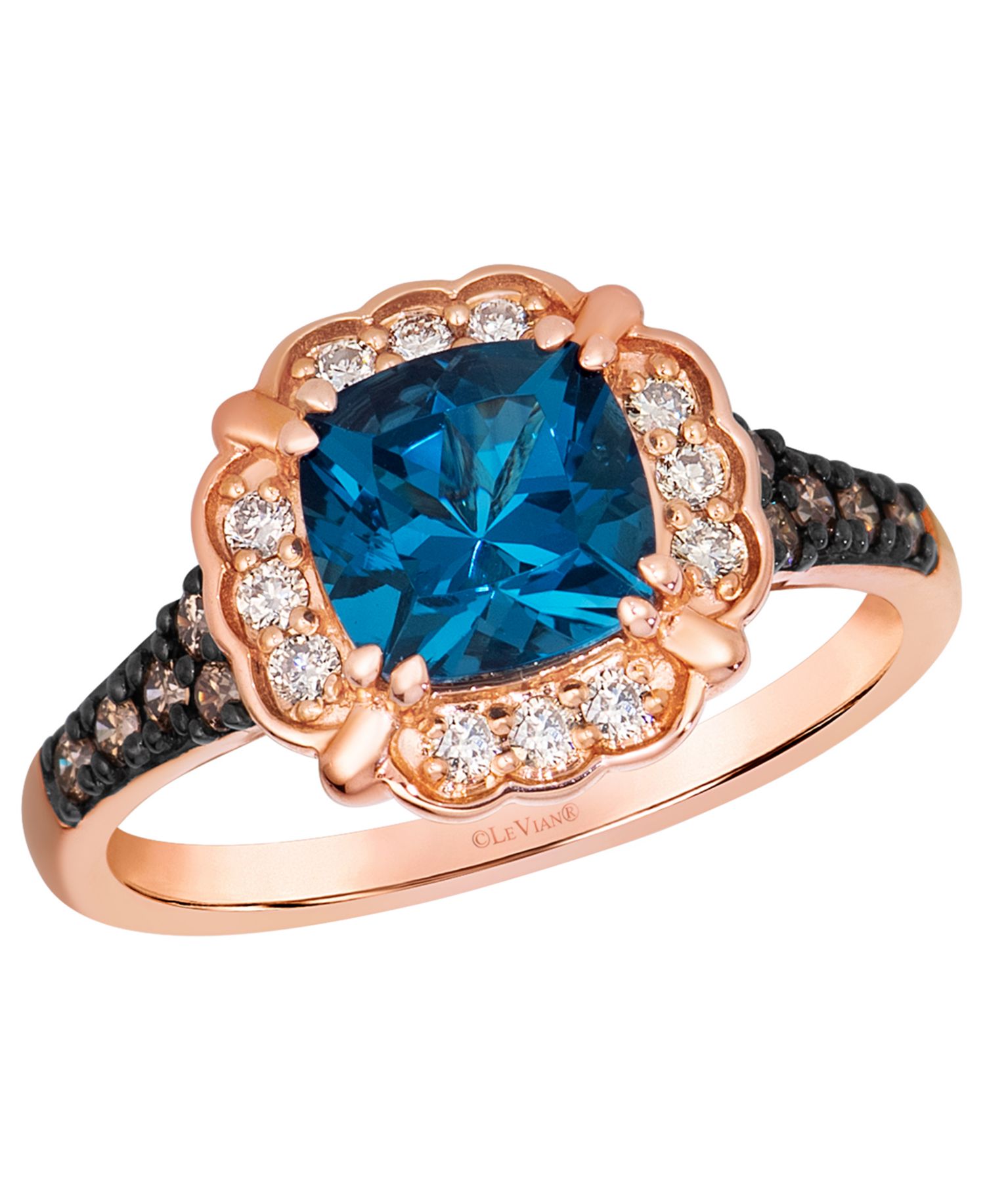 Deep Sea Blue Topaz™ cushion cut (1-5/8 ct. t.w.), Chocolate Diamond (1/6 ct. t.w.) & Nude Diamond (1/6 ct. t.w.) Ring in 14k Strawberry Gold