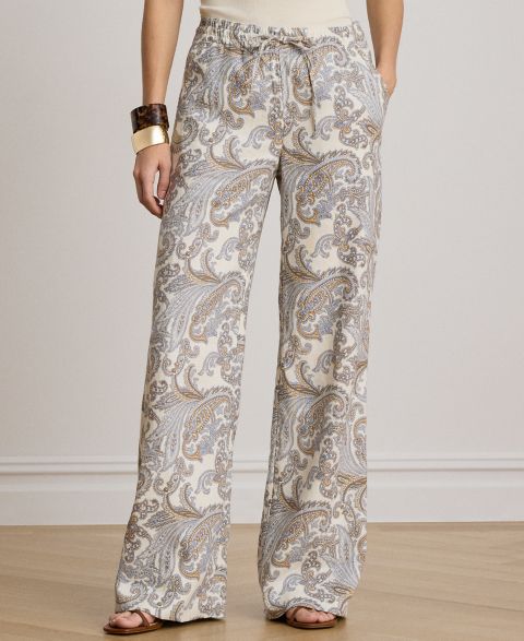 Женские брюки Lauren Ralph Lauren Linen Mid-Rise Wide-Leg, цвет: Кремовый разноцветный