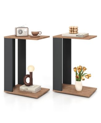 2 pieces 2-Tier C Shaped Side Table with Universal Wheels and Shelf for Small Space