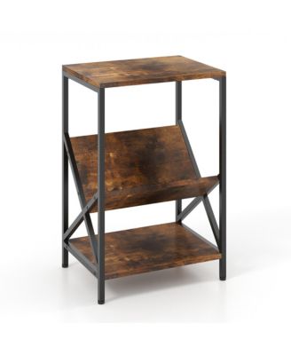Industrial Side Table 3-Tier End Table with V-Shaped Magazine Holder Rustic