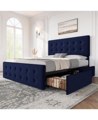 Upholstered Platform Bed Frame with 4 Storage Drawers, Button Tufted Headboard, Wooden Slats, No Box Spring