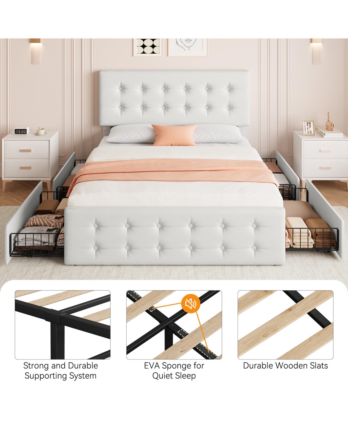 Homfan Upholstered Platform Bed Frame with 4 Storage Drawers, Button Tufted Headboard, Wooden Slats