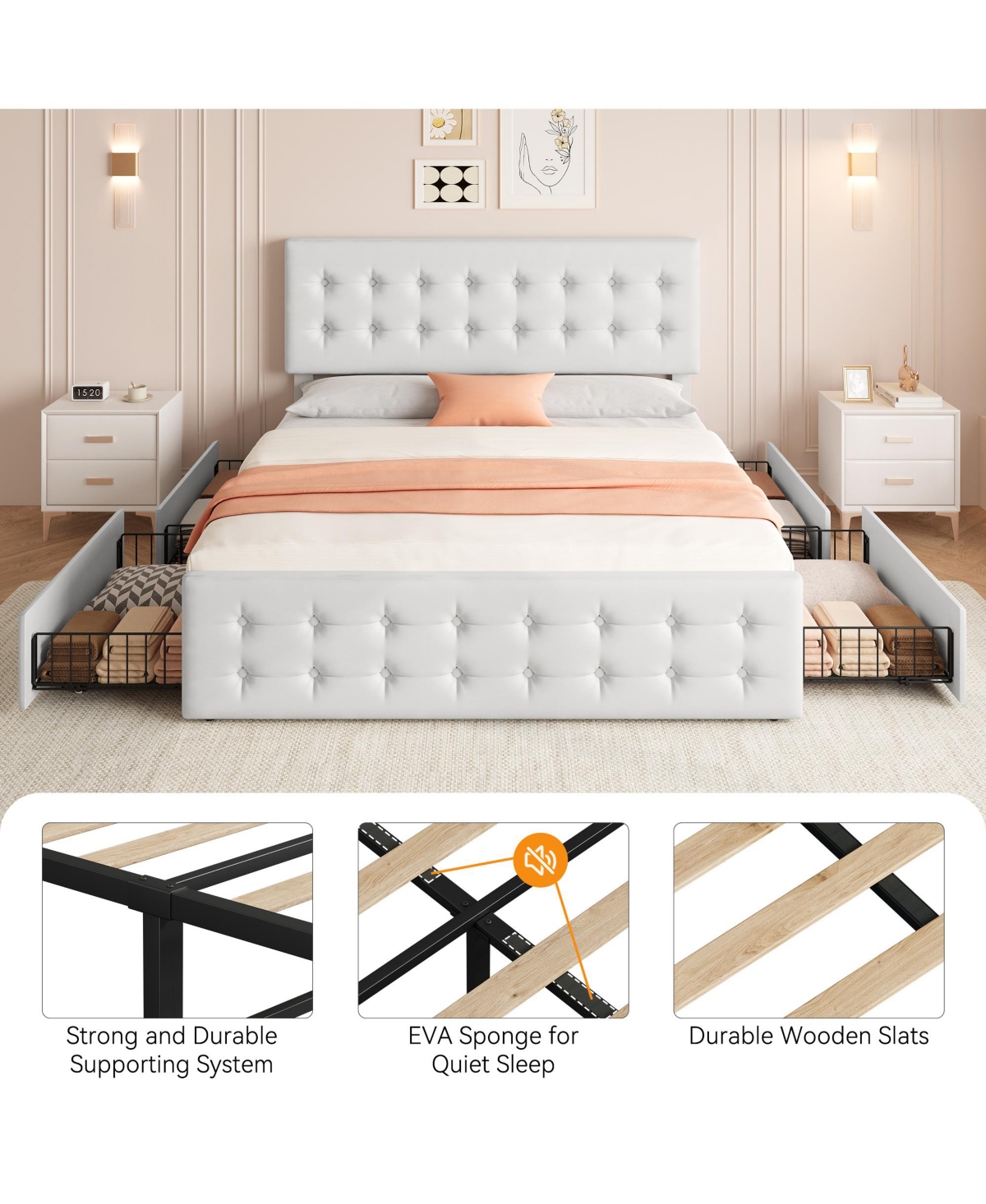 Homfan Upholstered Platform Bed Frame with 4 Storage Drawers, Button Tufted Headboard, Wooden Slats