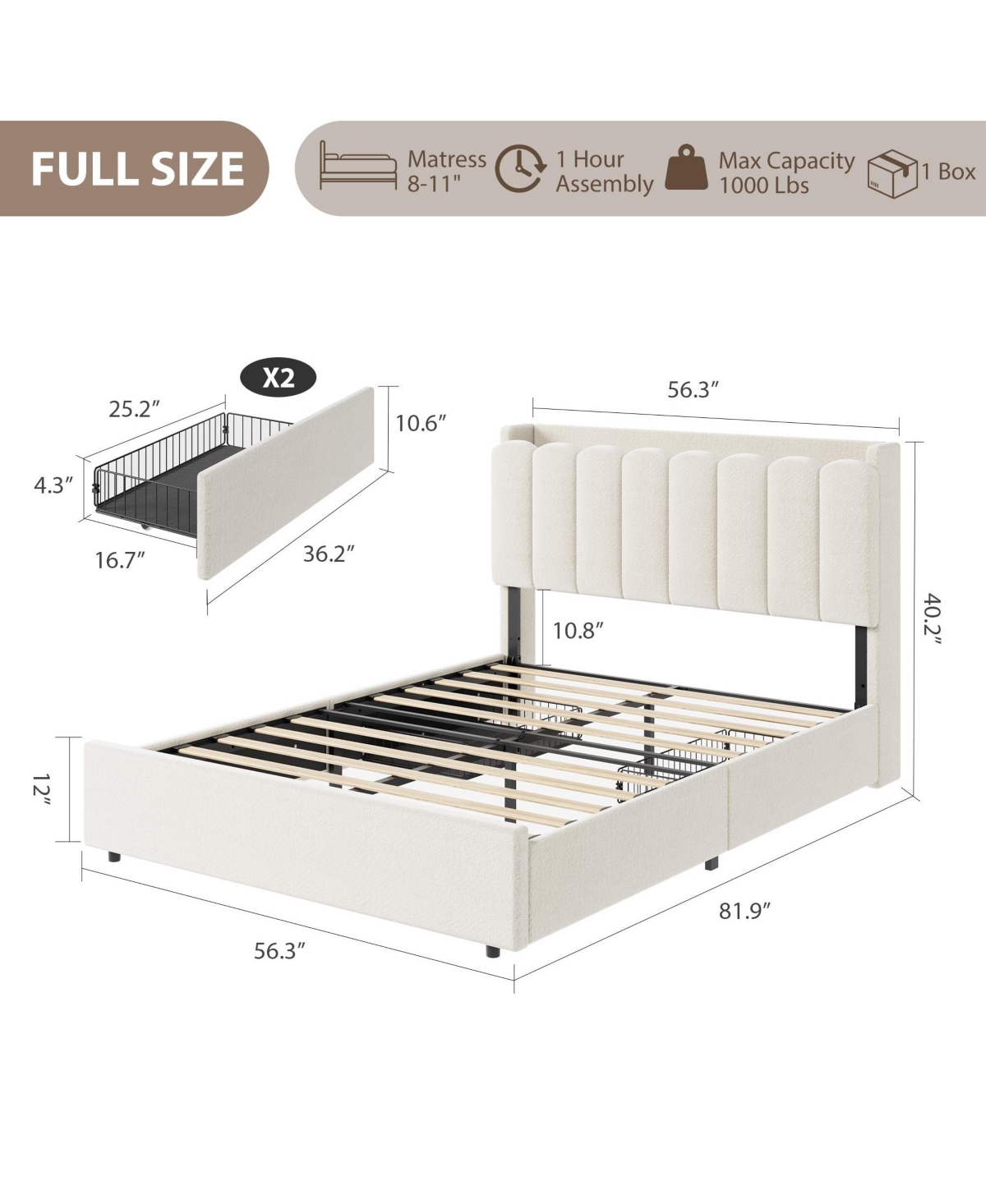 homfan Upholstered Platform Bed Frame with Led Storage Headboard and 2 Drawers