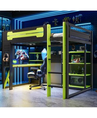  Wood Loft Bed w/Desk, Shelves, Power, USB/Type-C, RGB Light