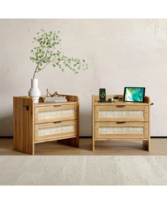 Set of 2 Modern Rattan-Style Bedside Tables with Type-C Charging Station, 2 Drawers for Bedroom, Living Room and Office