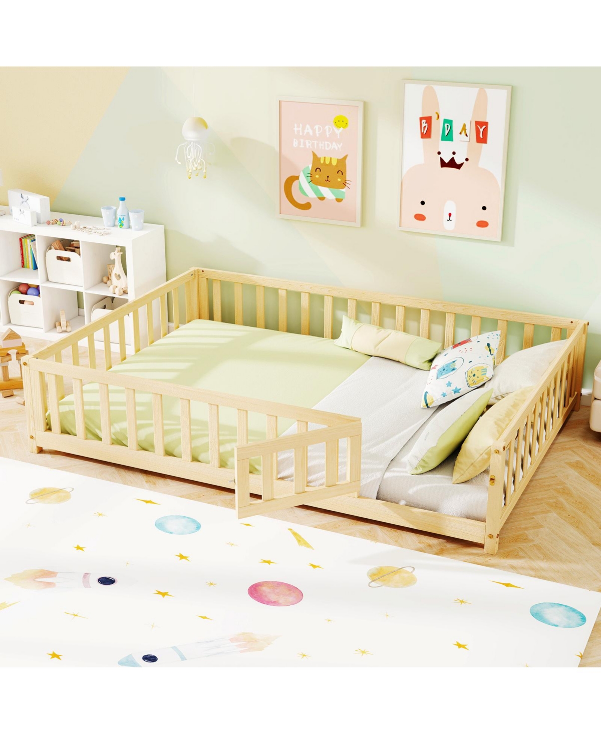 Sugift Montessori Bed Frame with Full-length Guardrails Safety Door and Latch