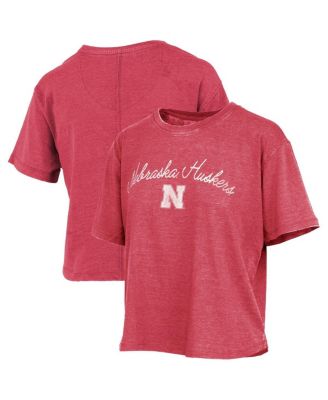 Women's Scarlet Nebraska Huskers Vintage Waist Length Script Over Logo T-Shirt