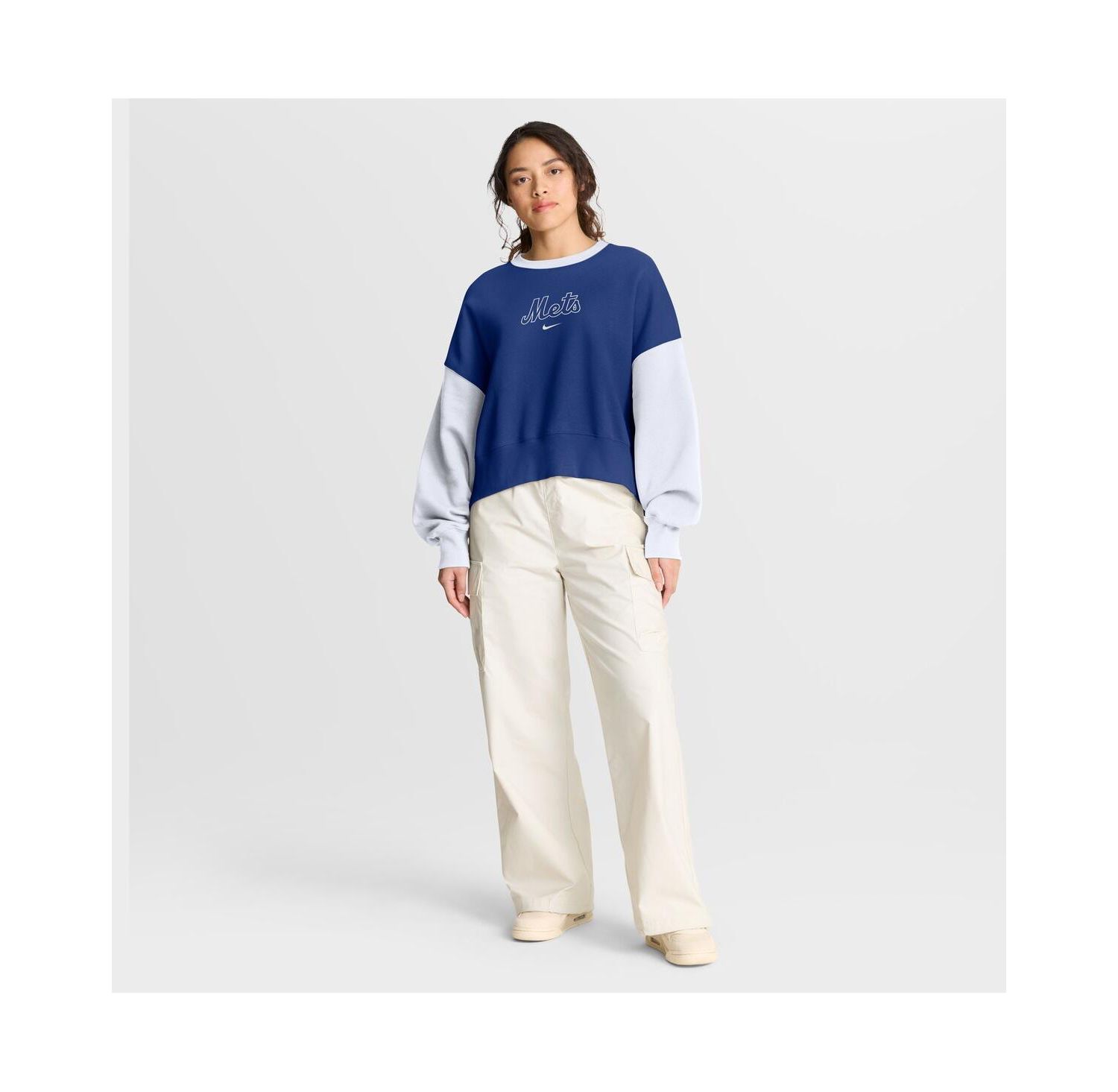 Women's Royal/White New York Mets Oversized High Hip Fleece Sweatshirt