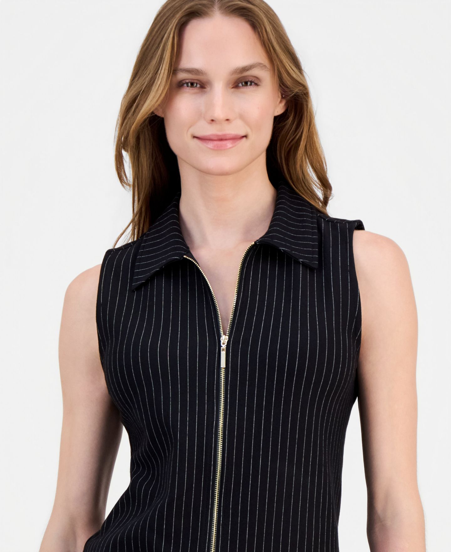 Женский топ Anne Klein в тонкую полоску без рукавов на молнии спереди, цвет: Чёрный — фото 3