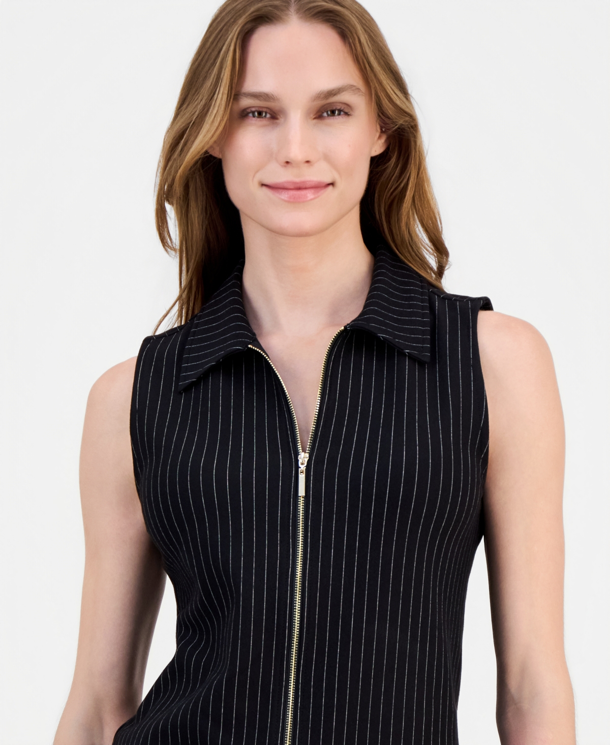 Anne Klein Women's Pinstriped Zip-Front Sleeveless Top