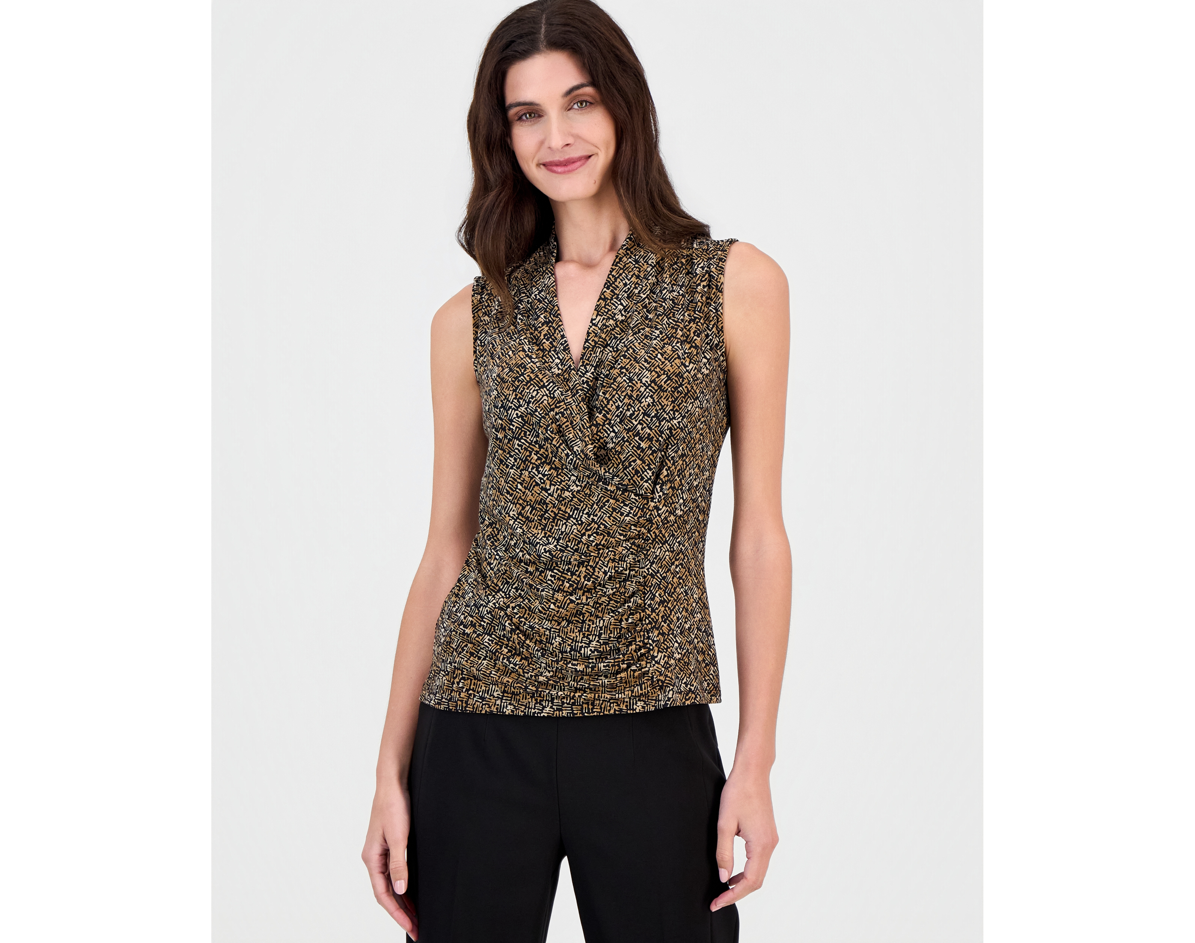 Anne Klein Women's Shirred Surplice Neck Sleeveless Top