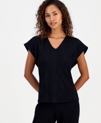 Petite Knit V-Neck Flutter Short-Sleeve Top