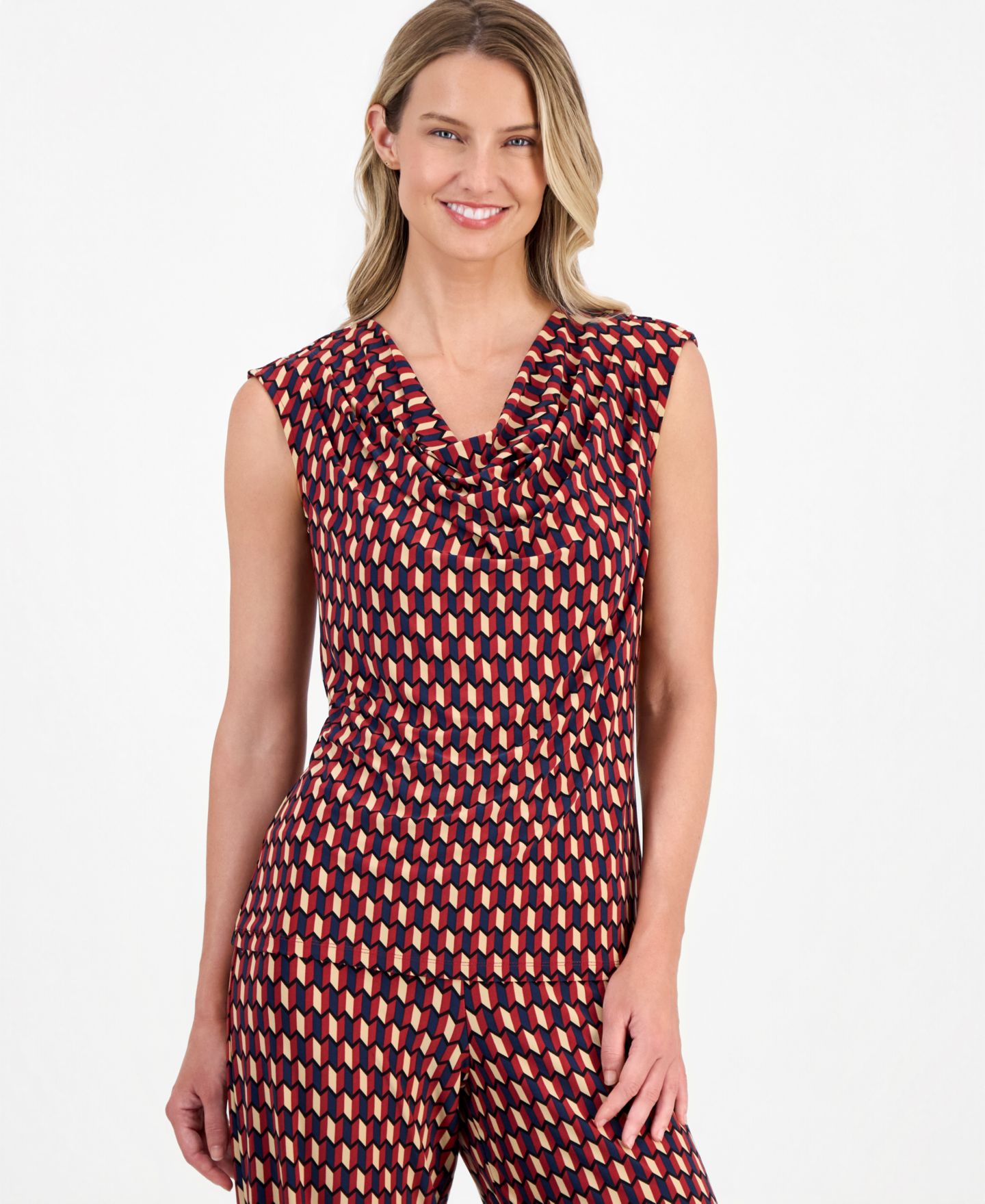 Женский топ Anne Klein Printed Cowlneck Sleeveless Top, цвет: Ржавый разноцветный — фото 1