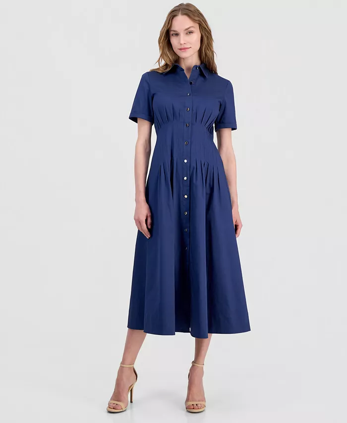 Women's Pleated-Waist Midi Shirt Dress
