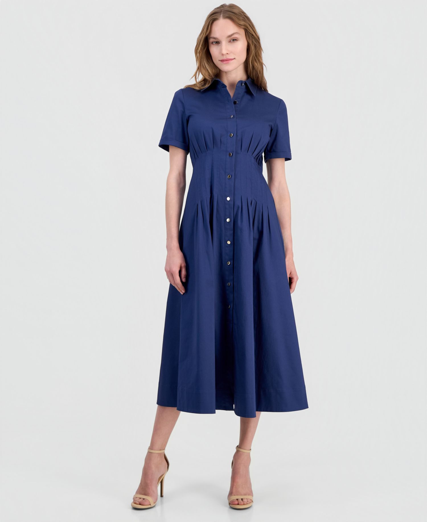 Women's Pleated-Waist Midi Shirt Dress