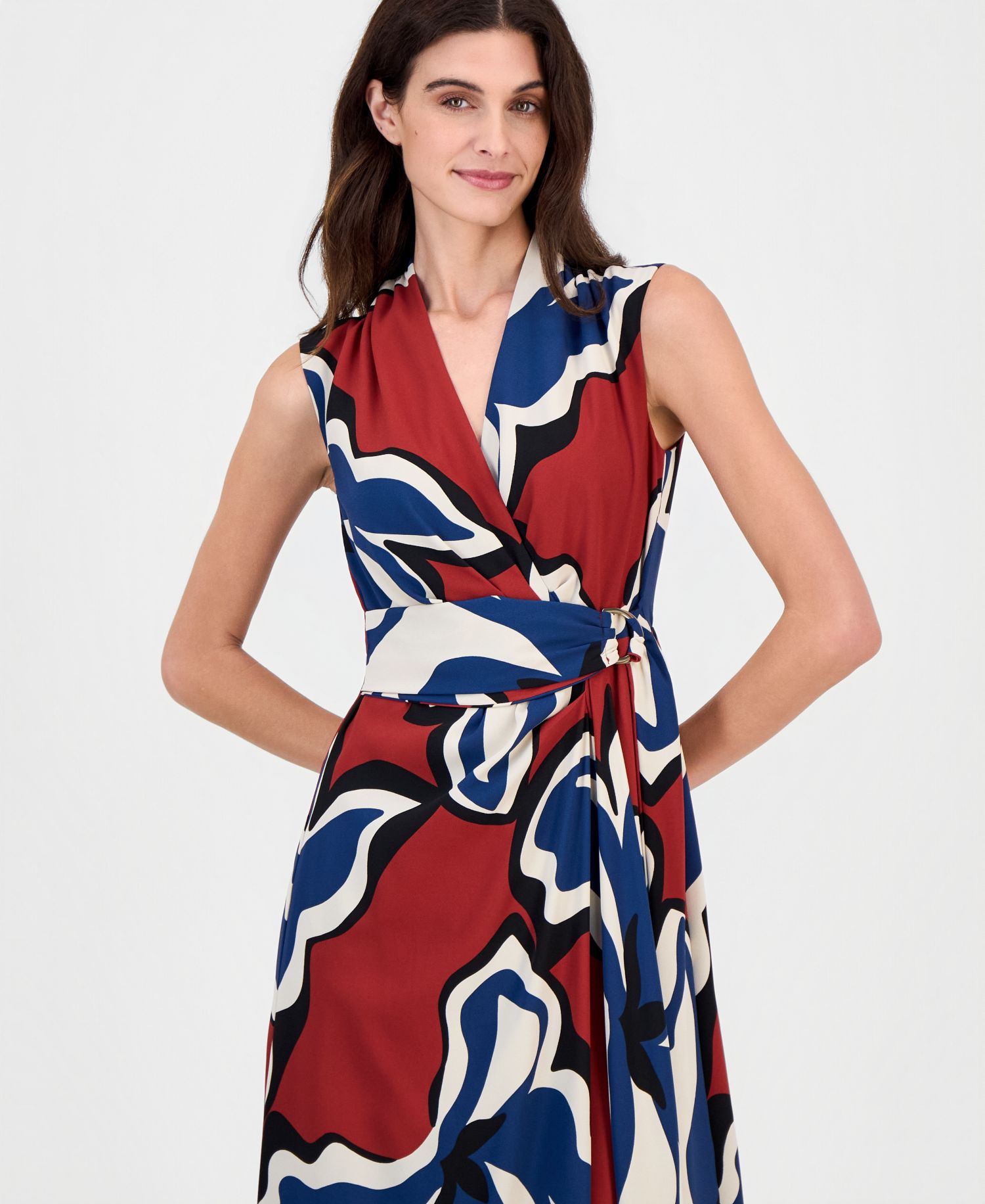 Women's Printed Faux-Wrap Tie-Waist Midi Dress