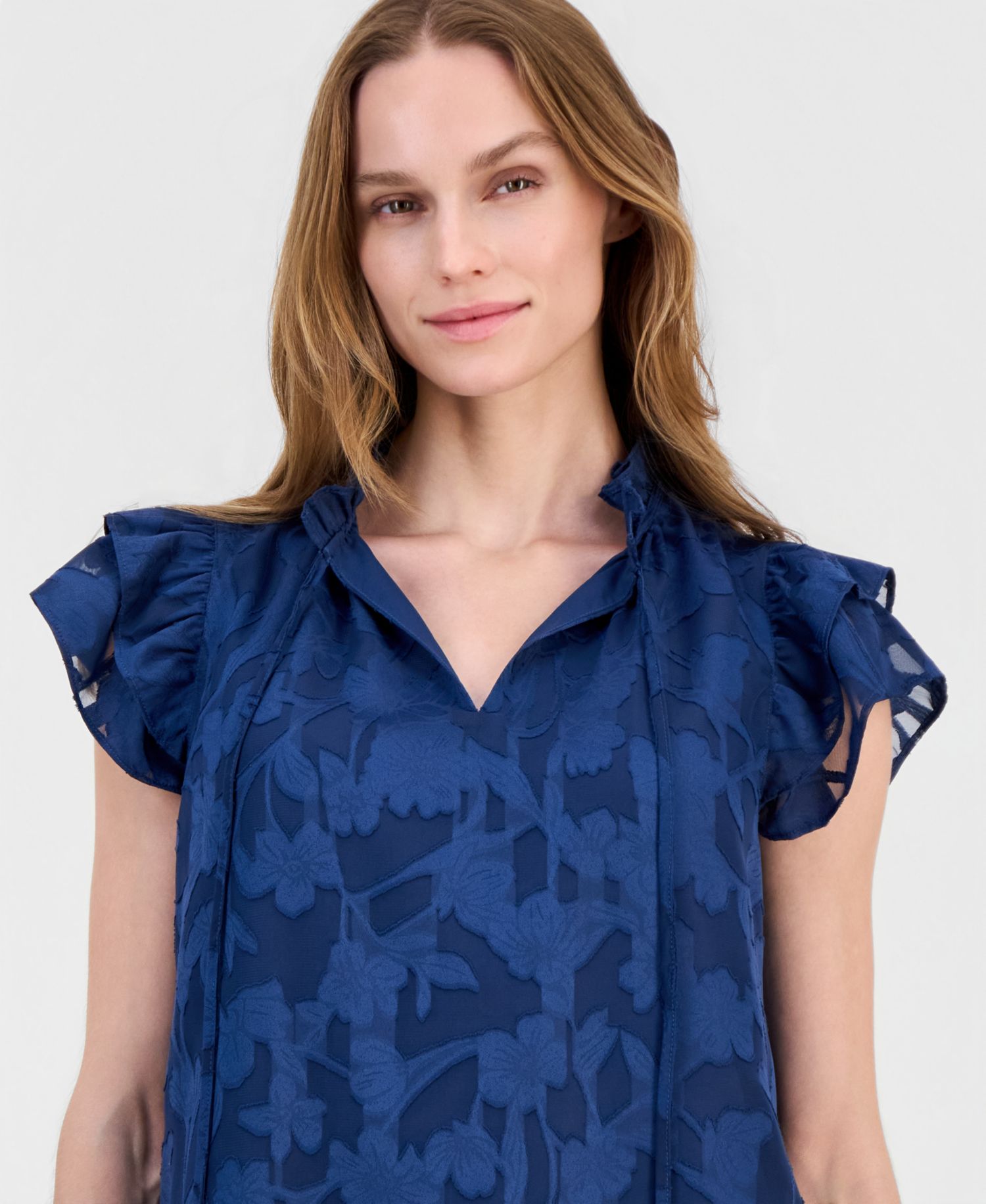 Women's Floral Ruffle-Sleeve Tie-Neck Blouse