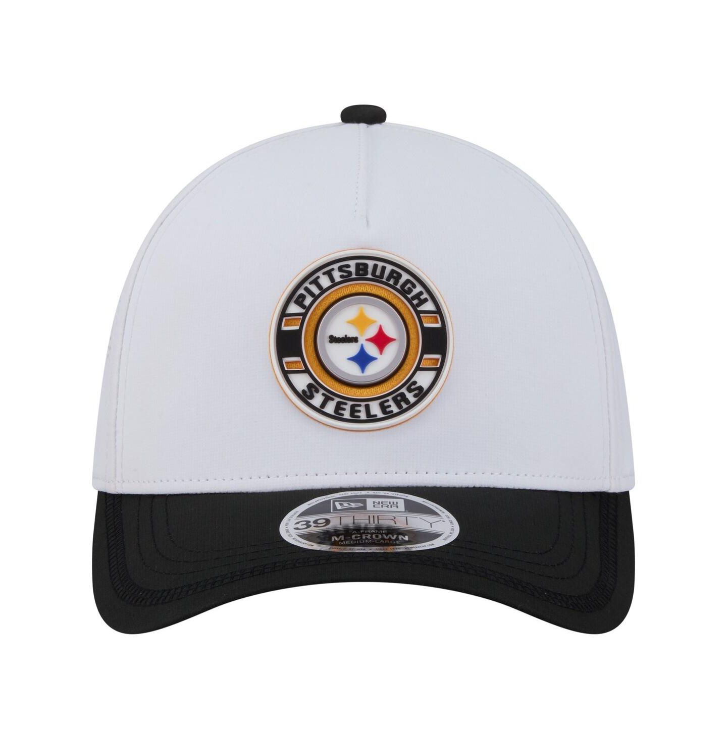 Мужская кепка New Era White/Black Pittsburgh Steelers Patch 39THIRTY A-Frame M-Crown Perforated Flex Hat — фото 2