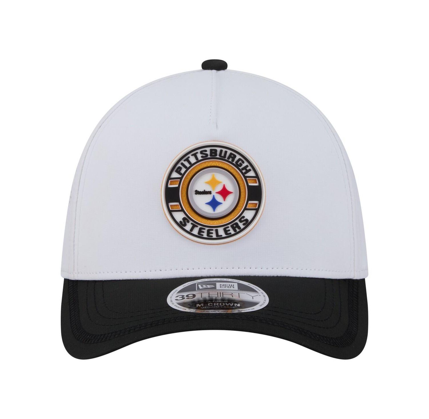 Men's White/Black Pittsburgh Steelers Patch 39THIRTY A-Frame M-Crown Perforated Flex Hat