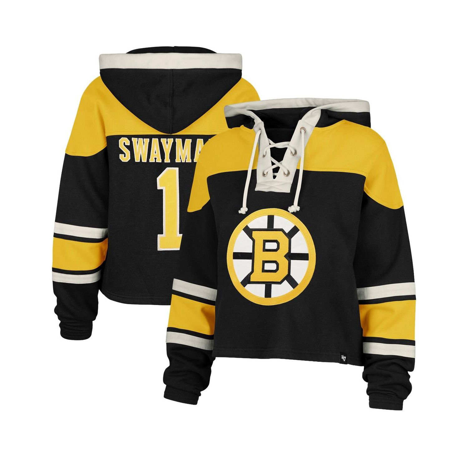 Women's Jeremy Swayman Black Boston Bruins Superior Lacer Cropped Pullover Hoodie