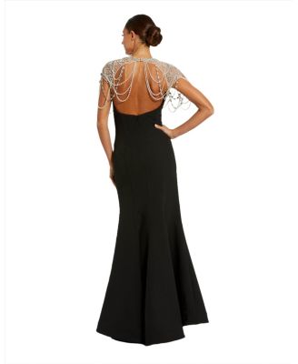 mac duggal mermaid dress Pink Crepe Mermaid Gown With Beaded Illusion Neck