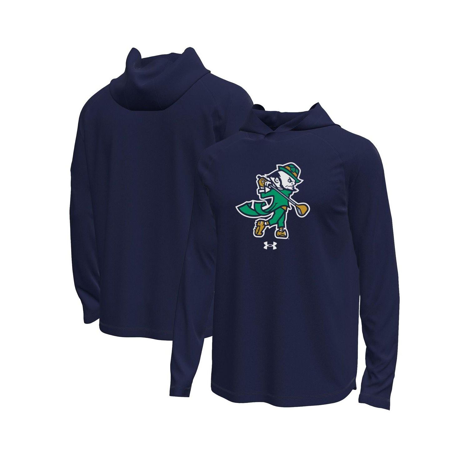 Men's Navy Notre Dame Fighting Irish Golf Leprechaun Tech Stretch Long Sleeve Hooded T-Shirt