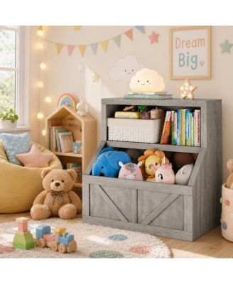 Kids Bookshelf and Toy Storage, 2 Tier Toy Organizer with Storage Cabinet, Toddler 2 Shelf Bookcase for Playroom, Living Room, Classroom