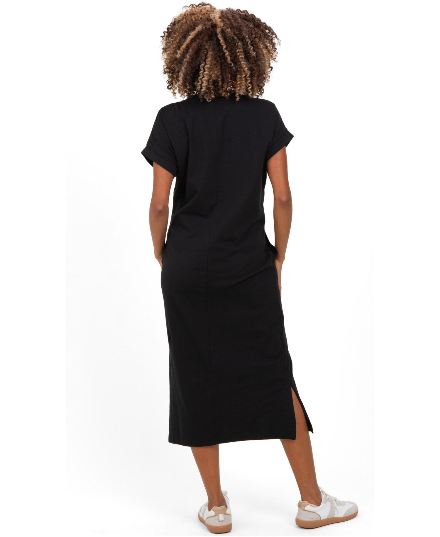 Women's Black Pocket Front Midi T-Shirt Dress
